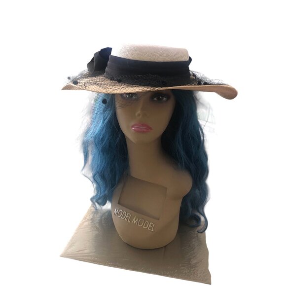 VNTG Theatrical Glamourous Flat Crown Veil Overlay Woven Straw-like Boater Hat main image 9